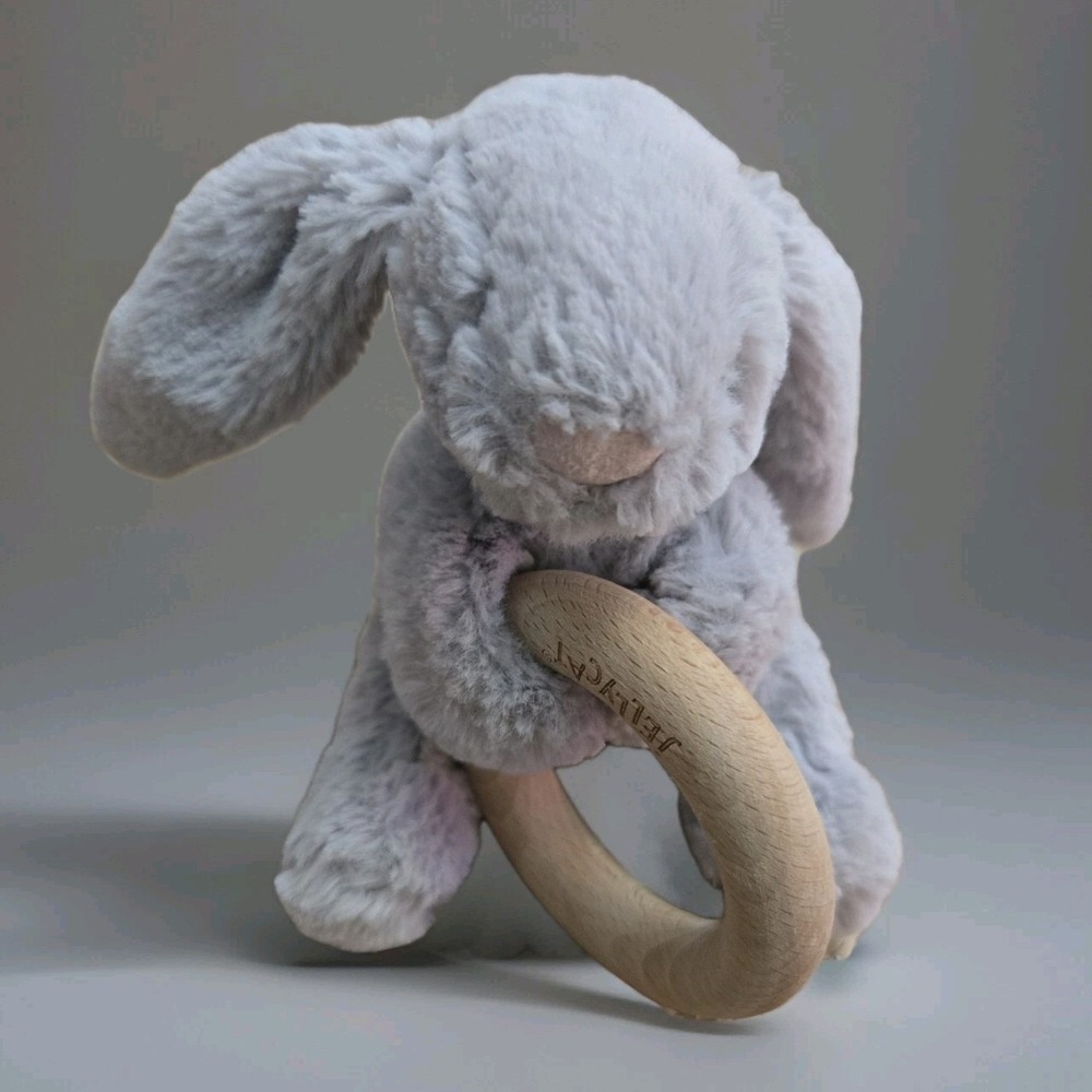 Jellycat Bashful Silver Bunny Wooden Ring‎ Rattle Plush Grey Rabbit Baby Toy